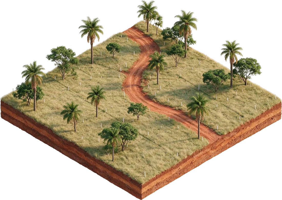 Maqueta isométrica de un lote de tierra paraguaya con camino de tierra colorada, palmeras y estacas de mensura