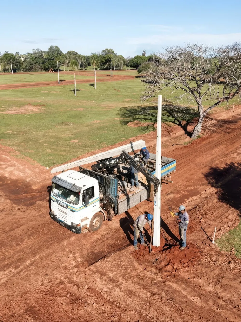 Cuadrilla de DesaUrb instalando una columna de tendido eléctrico con camión grúa en un loteamiento, en un día soleado